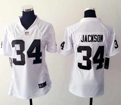 Nike Raiders #34 Bo Jackson White Women's Stitched NFL Elite Jersey - Click Image to Close